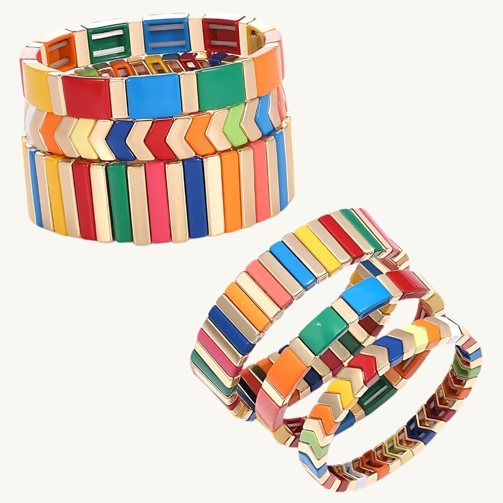 3PC SET Tile Bracelets Enamel Rainbow Bead Bracelets Colorblock Stack Stretch